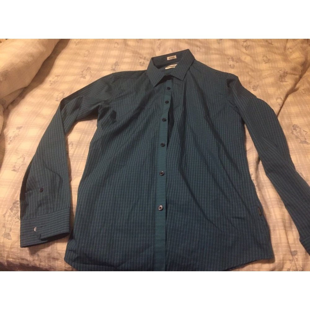 Calvin Klein Dress Shirt Men's MEDIUM M Green Striped Slim Fit - NWOT